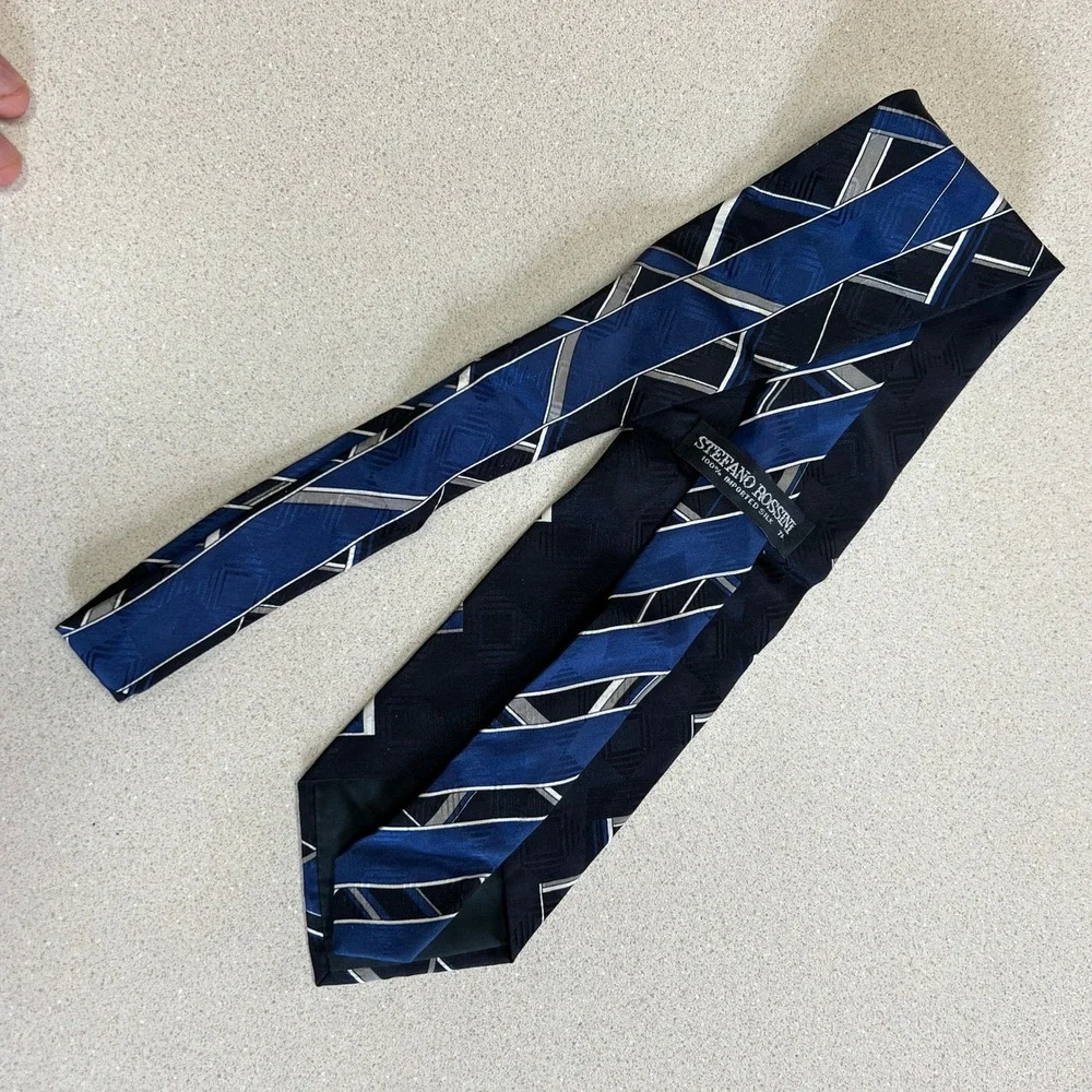 Stefano Rossi Silk Necktie VTG Blue Red‎ Gray Geometric Approx 1995 58x3.5 Italy